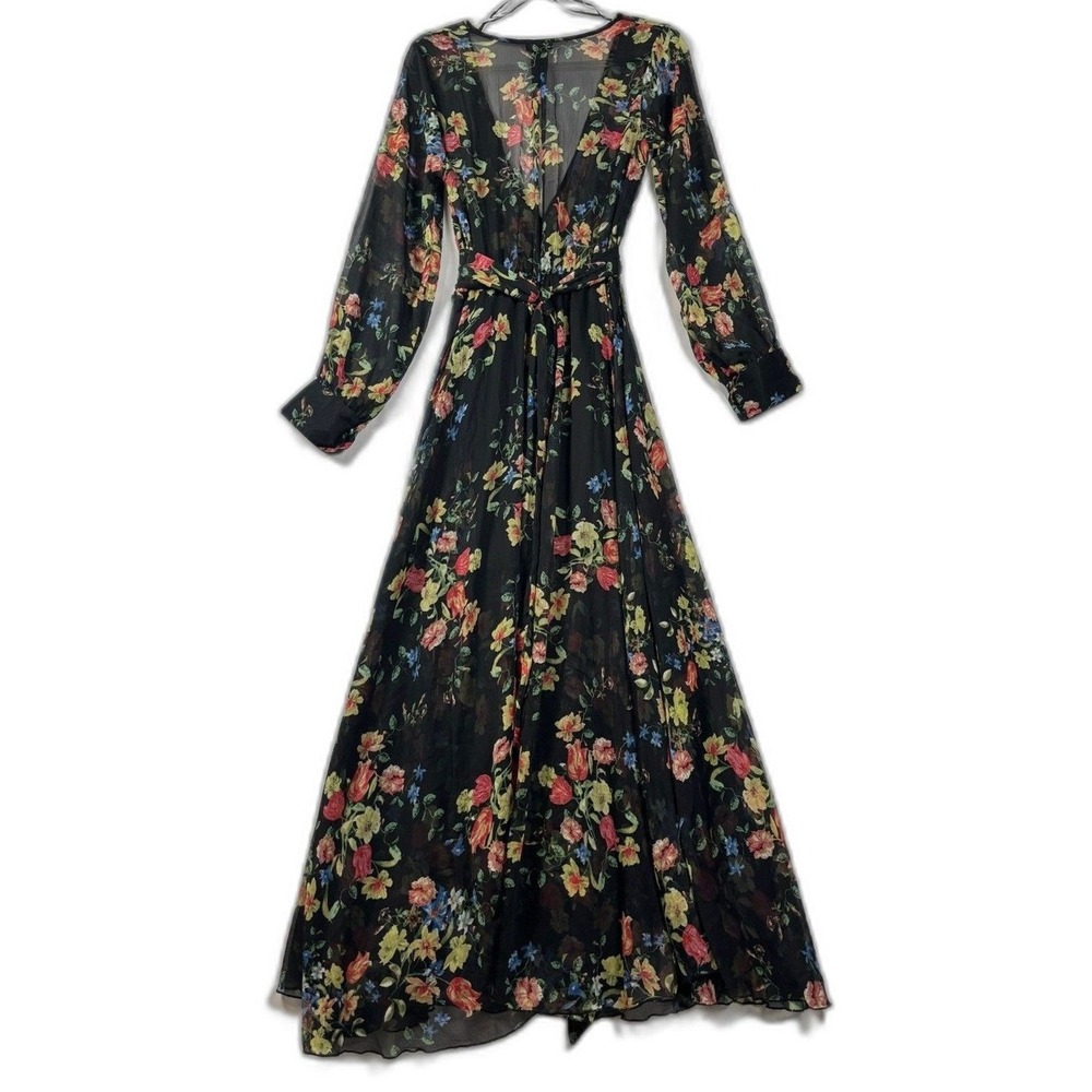 Spy Zone Exchange Women M Floral Maxi Dress Black Chiffon Long Sleeve Boho Fall - Picture 2 of 11